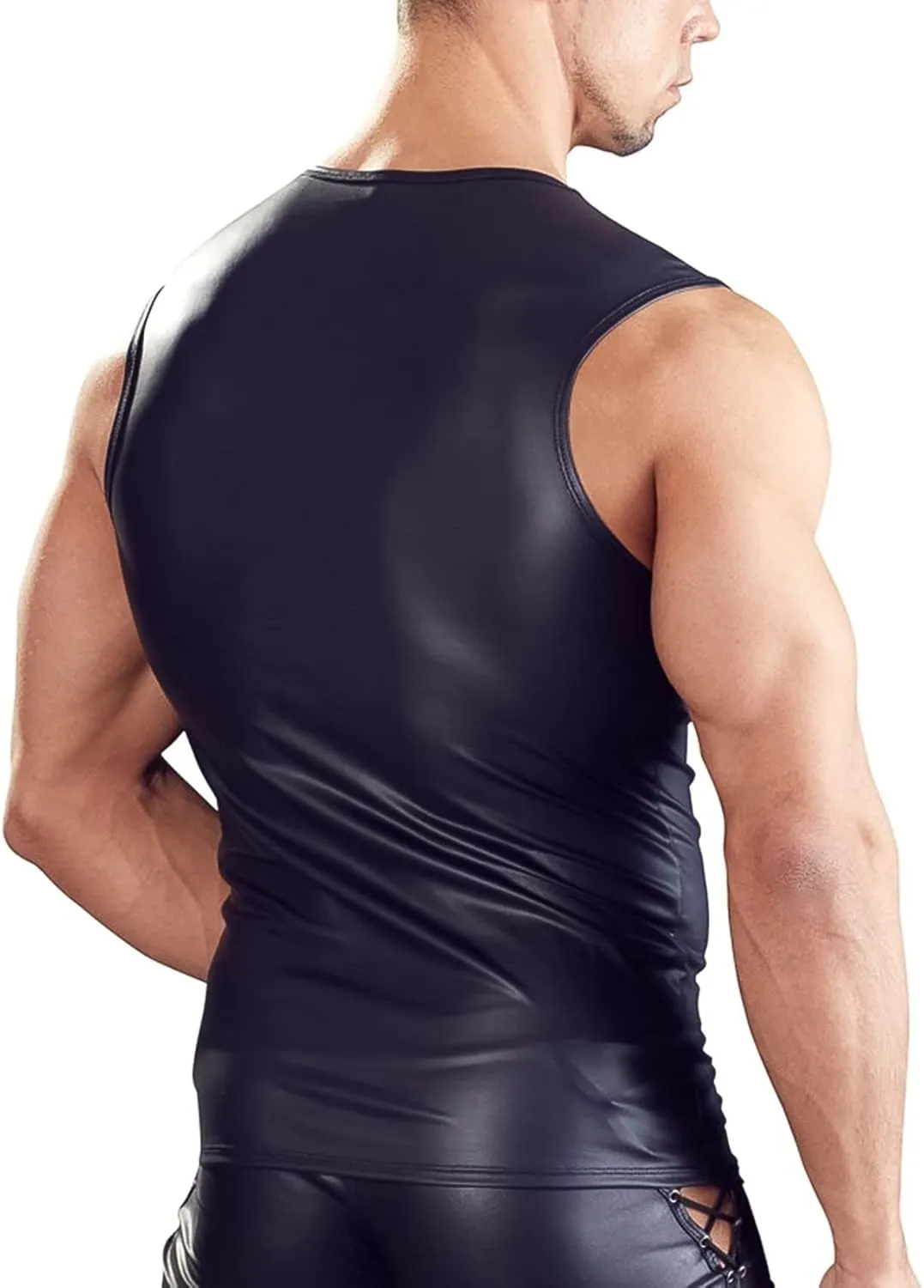 Panegy Men's Black Leather Tshirt Short Sleeve PVC Tunic & Sleeveless Tank Top M-XXL
