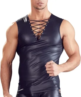 Panegy Men's Black Leather Tshirt Short Sleeve PVC Tunic & Sleeveless Tank Top M-XXL