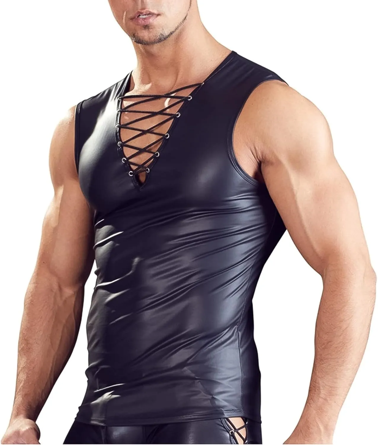 Panegy Men's Black Leather Tshirt Short Sleeve PVC Tunic & Sleeveless Tank Top M-XXL