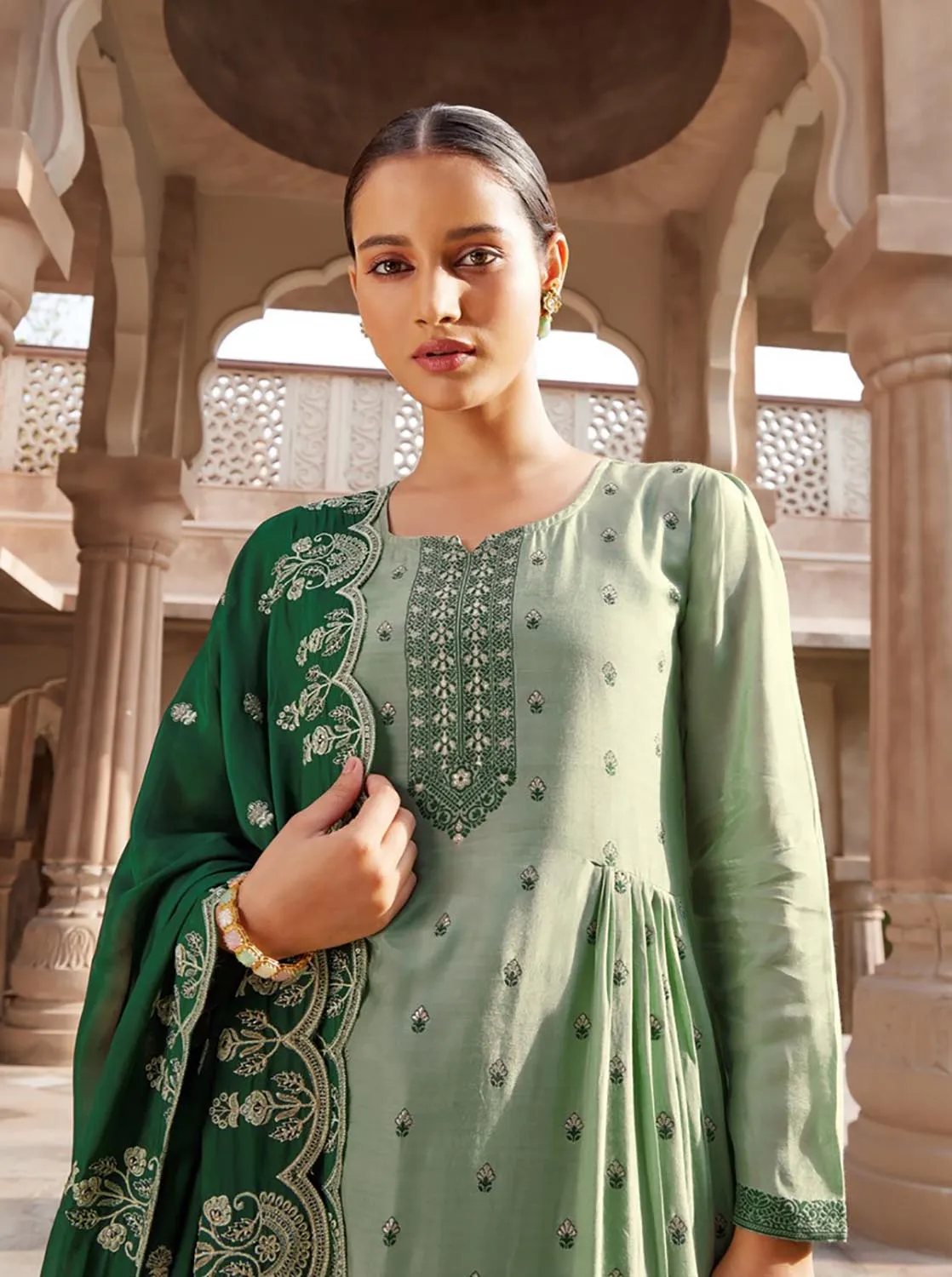 Party Wear Silk Jacquard Unstitched Suit Materials for Women