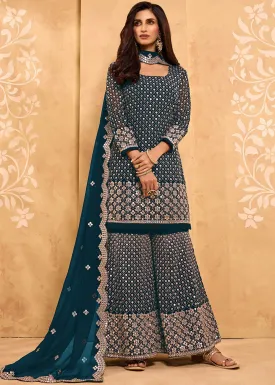 Peacock Blue Party Style Designer Sharara Suit
