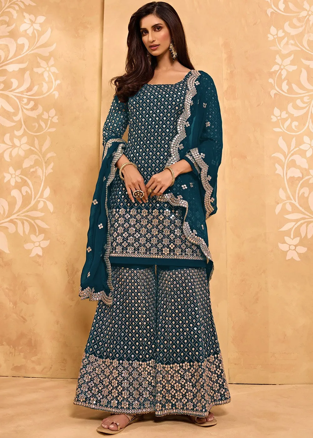 Peacock Blue Party Style Designer Sharara Suit