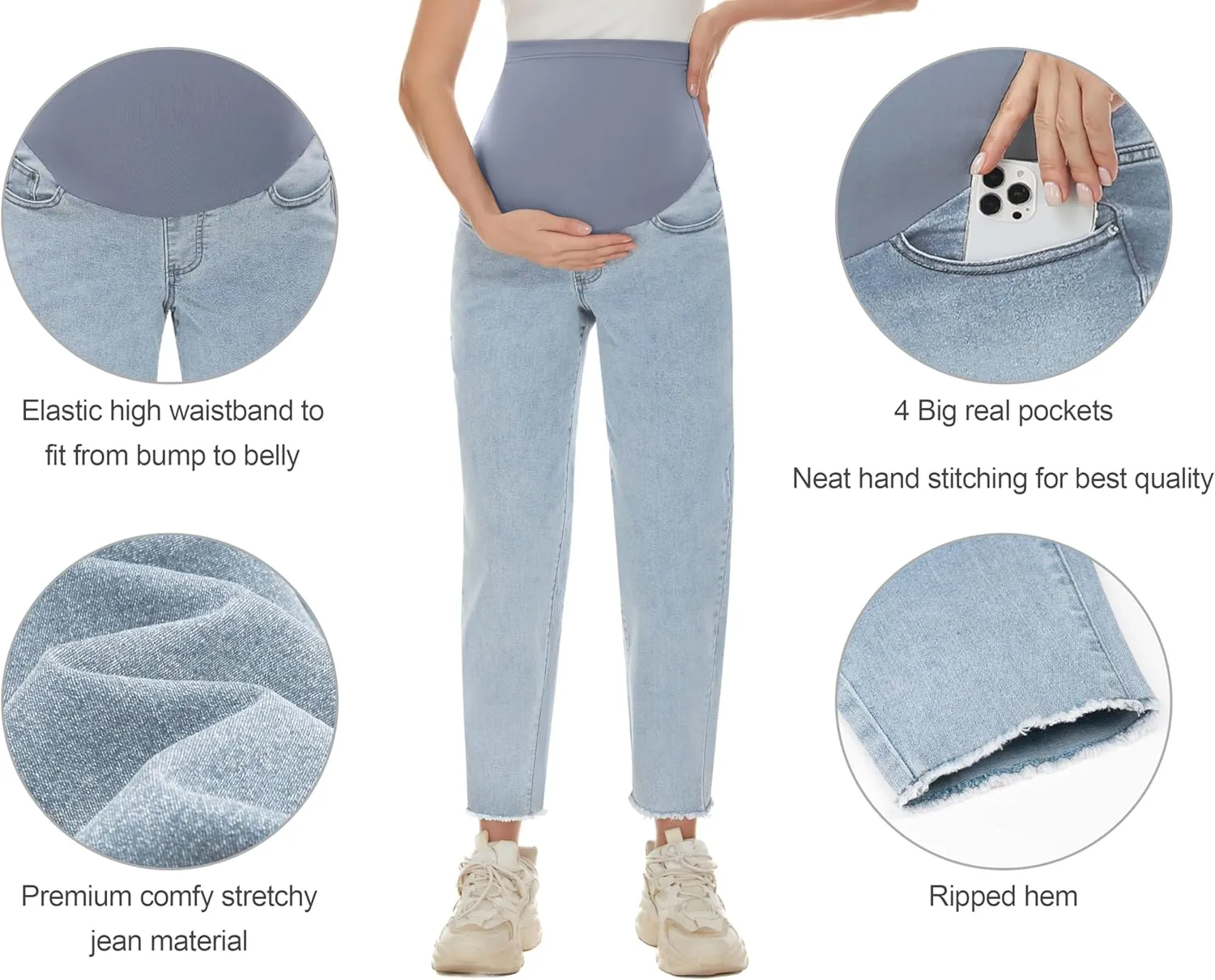 POSHGLAM Women's Maternity Jeans Over Belly Comfy Stretch Boyfriend Jeans Loose Pregnancy Pants, S-XXL