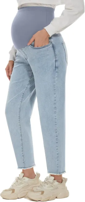 POSHGLAM Women's Maternity Jeans Over Belly Comfy Stretch Boyfriend Jeans Loose Pregnancy Pants, S-XXL