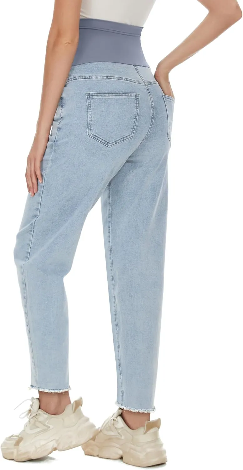 POSHGLAM Women's Maternity Jeans Over Belly Comfy Stretch Boyfriend Jeans Loose Pregnancy Pants, S-XXL