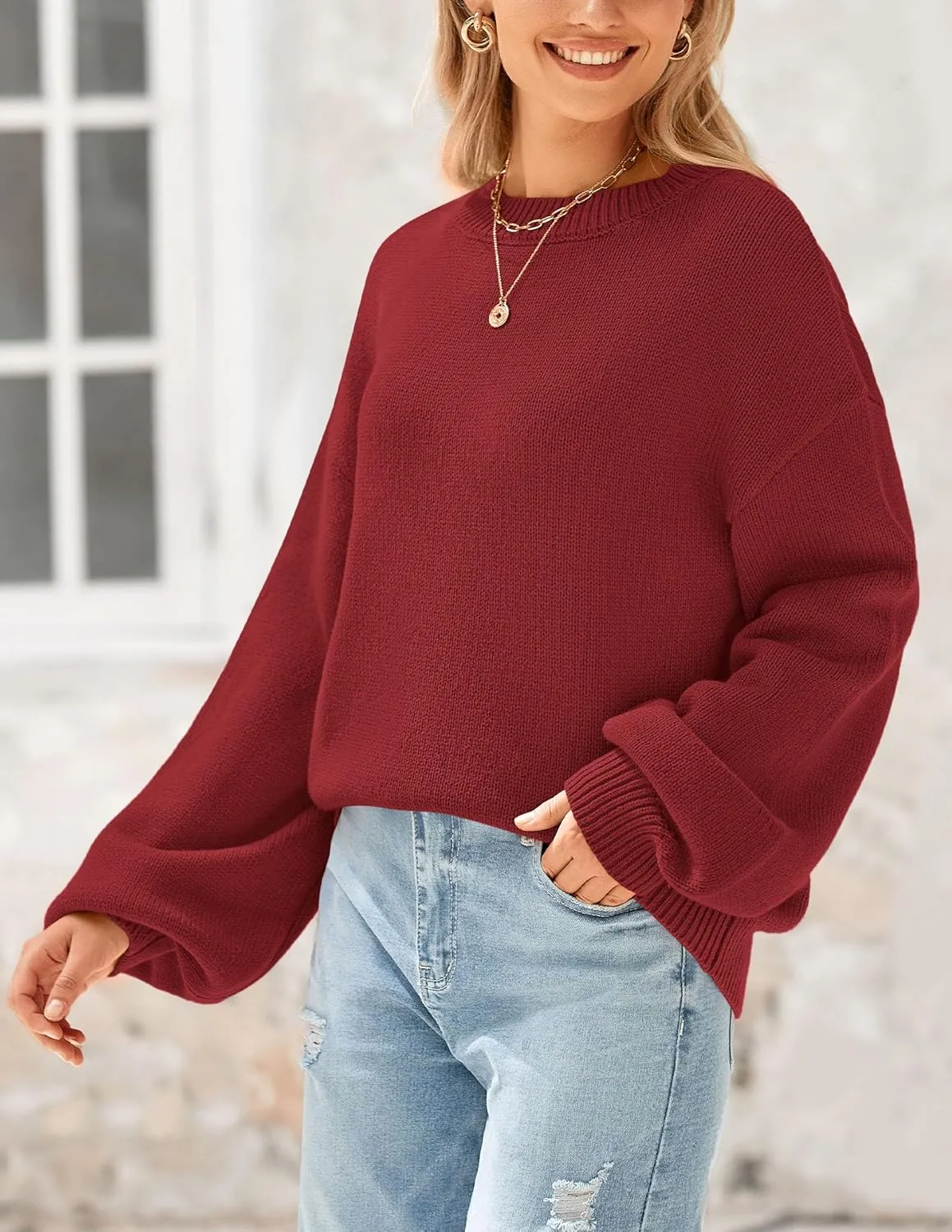 PRETTYGARDEN Women's 2024 Winter Chunky Knit Sweater Casual Long Lantern Sleeve Crewneck Pullover Jumper Tops