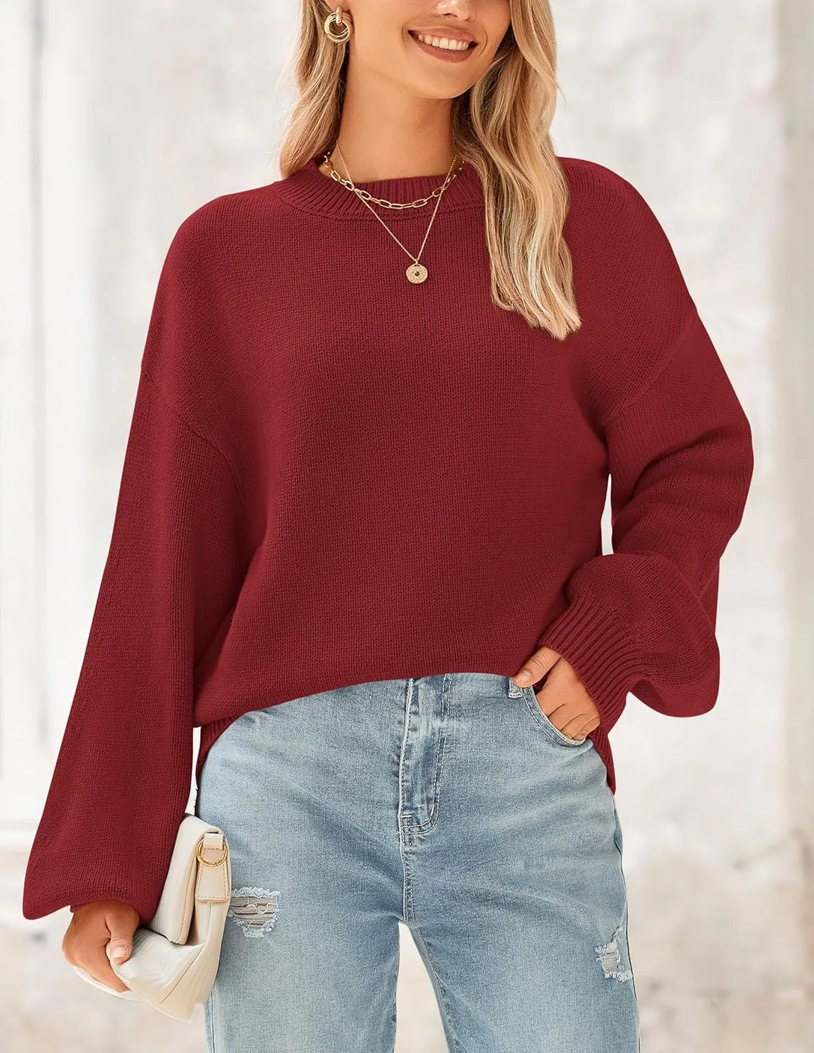PRETTYGARDEN Women's 2024 Winter Chunky Knit Sweater Casual Long Lantern Sleeve Crewneck Pullover Jumper Tops