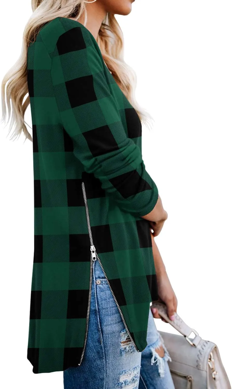 PrinStory Women's Long Sleeve Shirt Fall Tops Casual V Neck Side Split Shirt With Side Zipper