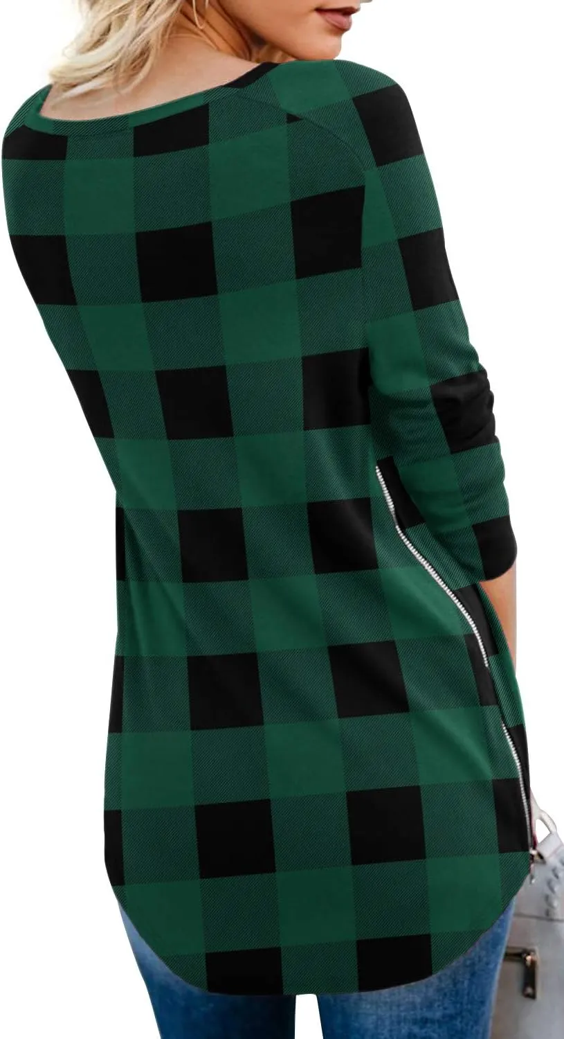 PrinStory Women's Long Sleeve Shirt Fall Tops Casual V Neck Side Split Shirt With Side Zipper
