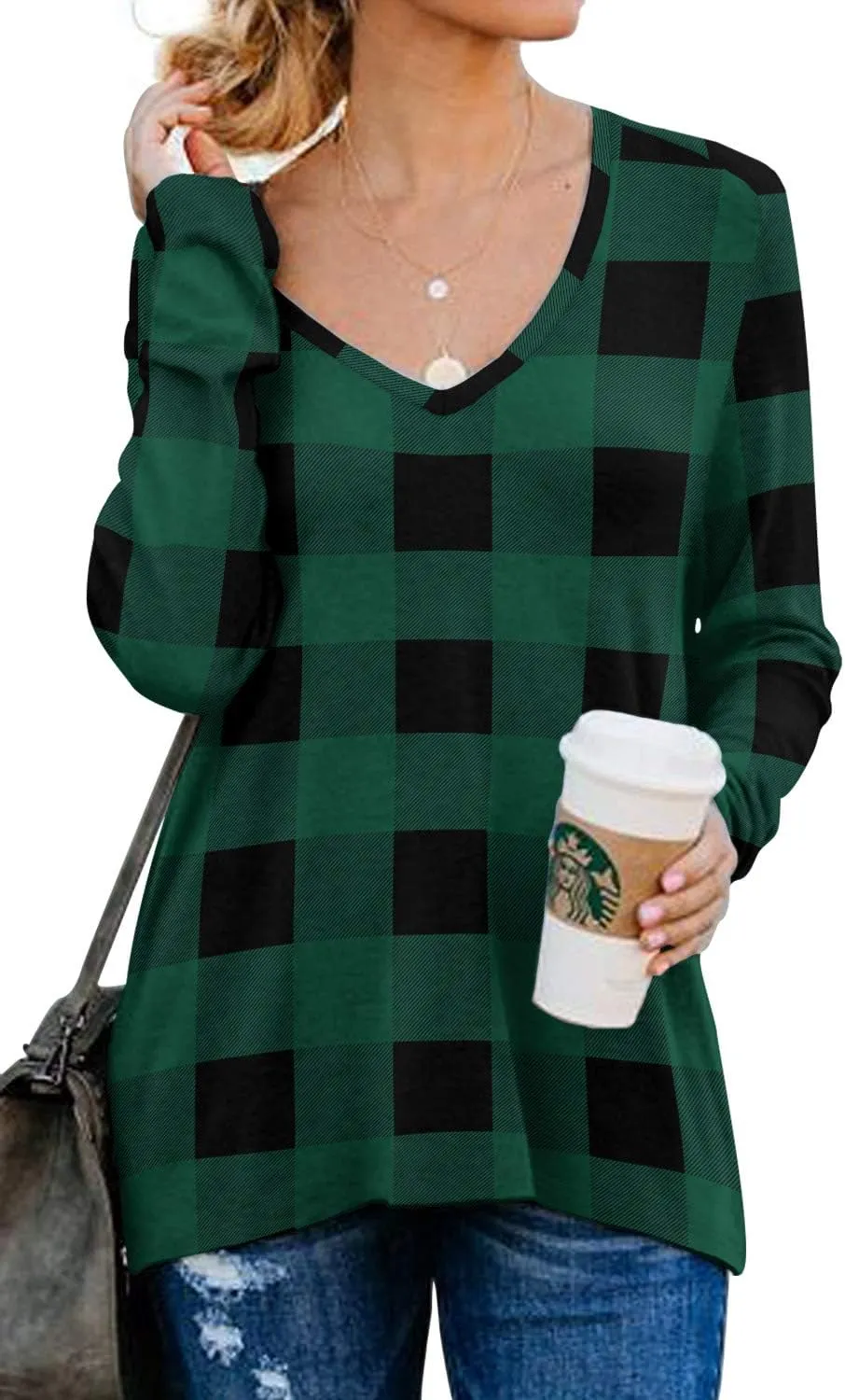 PrinStory Women's Long Sleeve Shirt Fall Tops Casual V Neck Side Split Shirt With Side Zipper