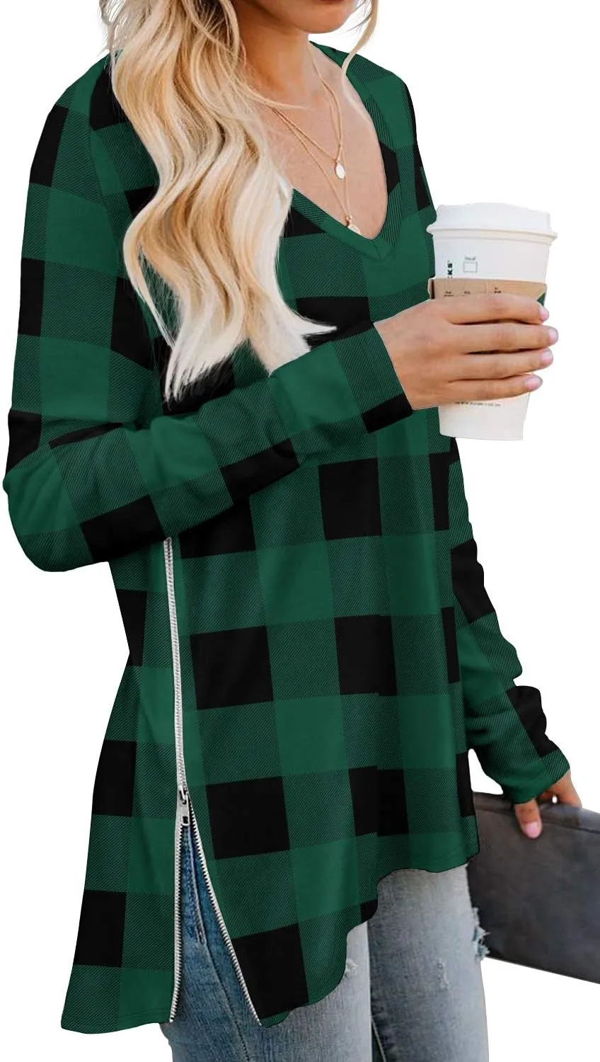 PrinStory Women's Long Sleeve Shirt Fall Tops Casual V Neck Side Split Shirt With Side Zipper