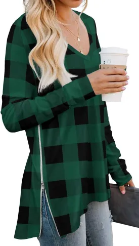 PrinStory Women's Long Sleeve Shirt Fall Tops Casual V Neck Side Split Shirt With Side Zipper