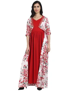 Red Crepe Anarkali Kurta With Floral Printed Front Open Jacket Layer