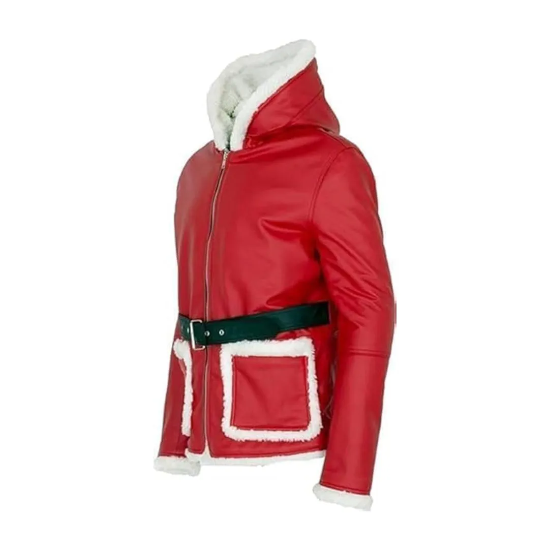 Red Santa Claus Cosplay Real Leather Hooded Jacket