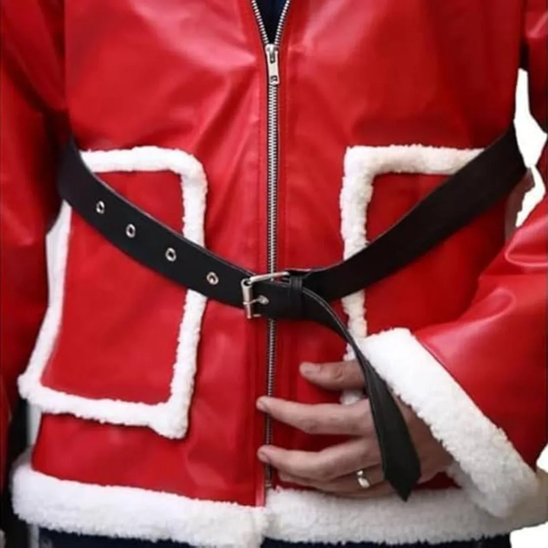 Red Santa Claus Cosplay Real Leather Hooded Jacket