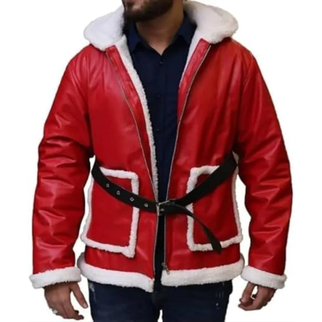 Red Santa Claus Cosplay Real Leather Hooded Jacket