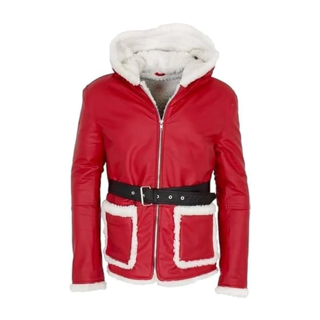 Red Santa Claus Cosplay Real Leather Hooded Jacket