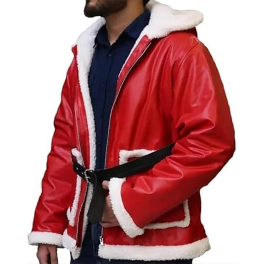 Red Santa Claus Cosplay Real Leather Hooded Jacket
