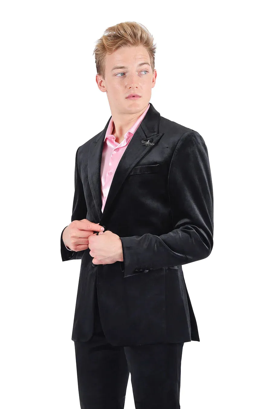 Rossi Man Slim-Fit Shinny Black Satin Material Men's Suit One Buttons
