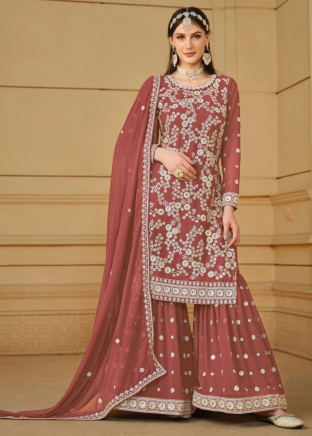 Rust Brown Embroidered Georgette Gharara Style Suit