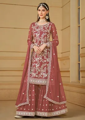 Rust Brown Embroidered Georgette Gharara Style Suit