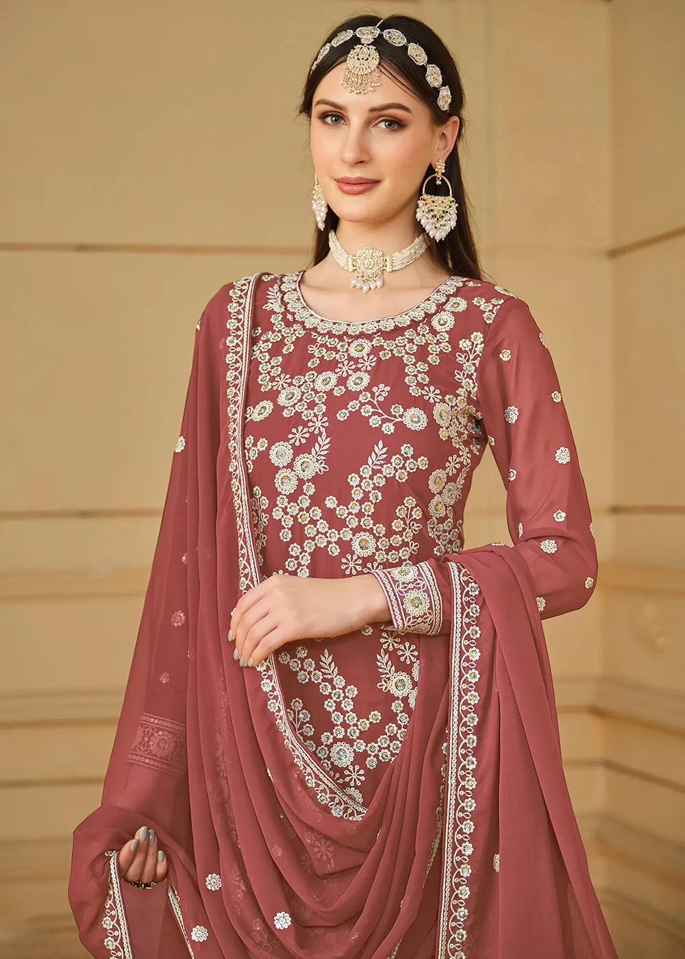 Rust Brown Embroidered Georgette Gharara Style Suit