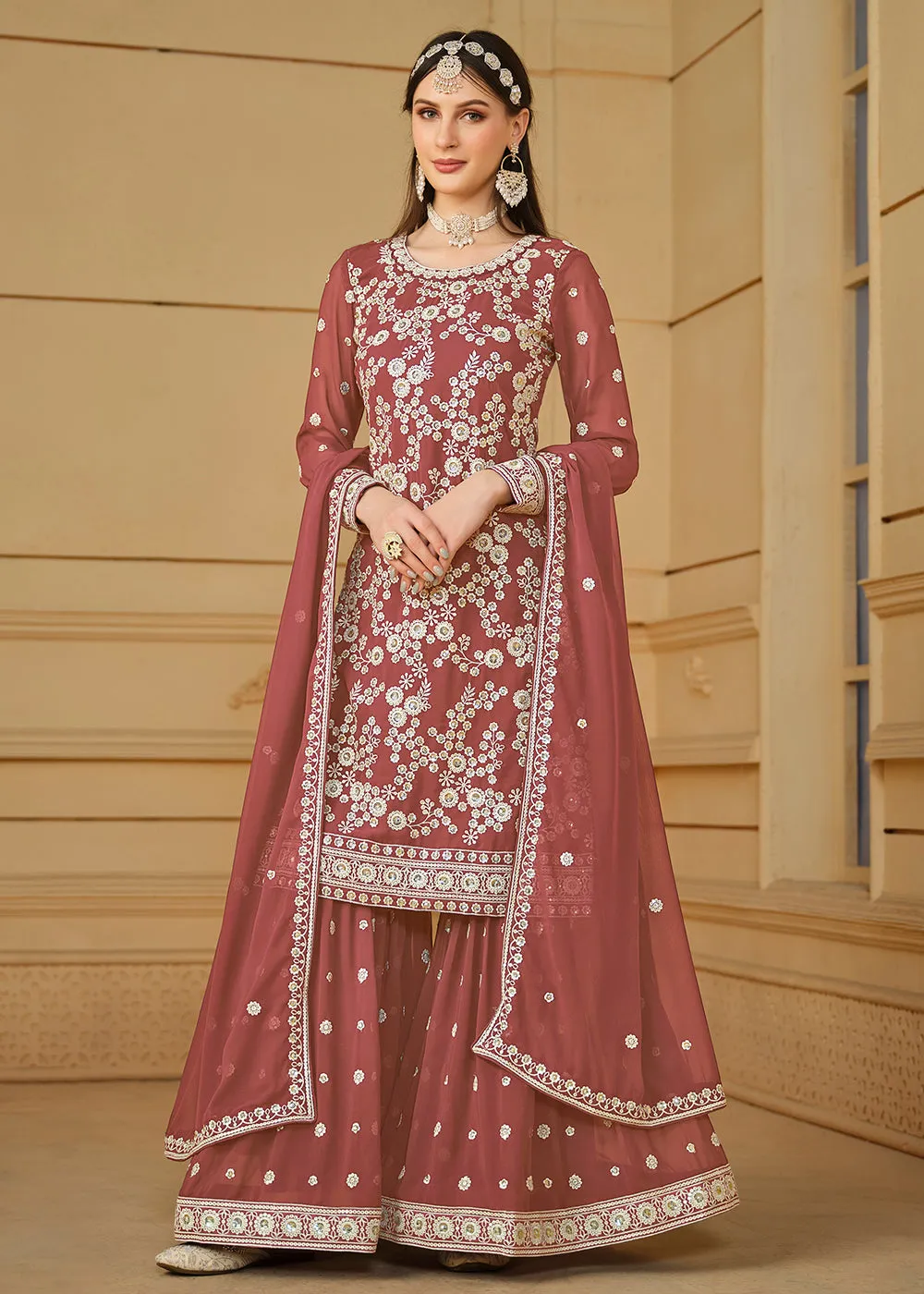 Rust Brown Embroidered Georgette Gharara Style Suit