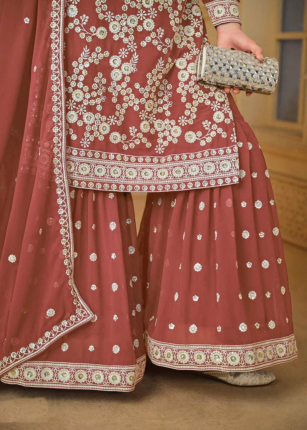 Rust Brown Embroidered Georgette Gharara Style Suit