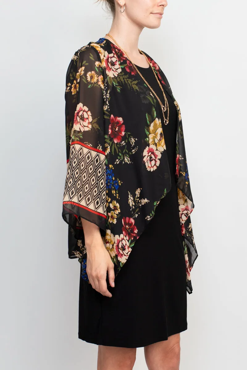 Sandra Darren crew neck sleeveless chain detail solid matte jersey dress with attached multi print chiffon jacket