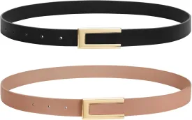 SANSTHS 2 Pack Skinny Leather Belts for Women, Ladies Thin Waist Belt for Dresses Jeans Pants with Gold Buckle