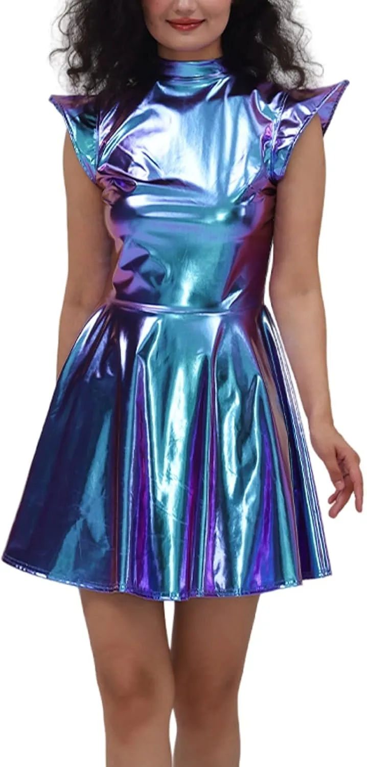 Sequin Dresses for Women 2025 Metallic Patent Leather Pleated Midi Dresses Clubwear Party Night Out Sexy Rave Dress
