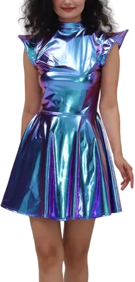 Sequin Dresses for Women 2025 Metallic Patent Leather Pleated Midi Dresses Clubwear Party Night Out Sexy Rave Dress