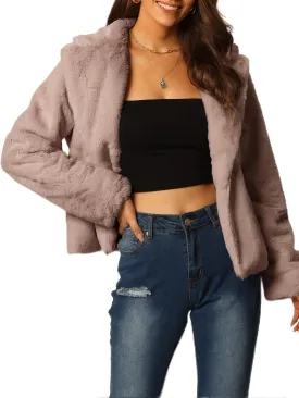 Seta T Women's Cropped Faux Fur Coat Fashion Winter Open Front Jacket Notch Lapel Long Sleeve Fluffy Coat