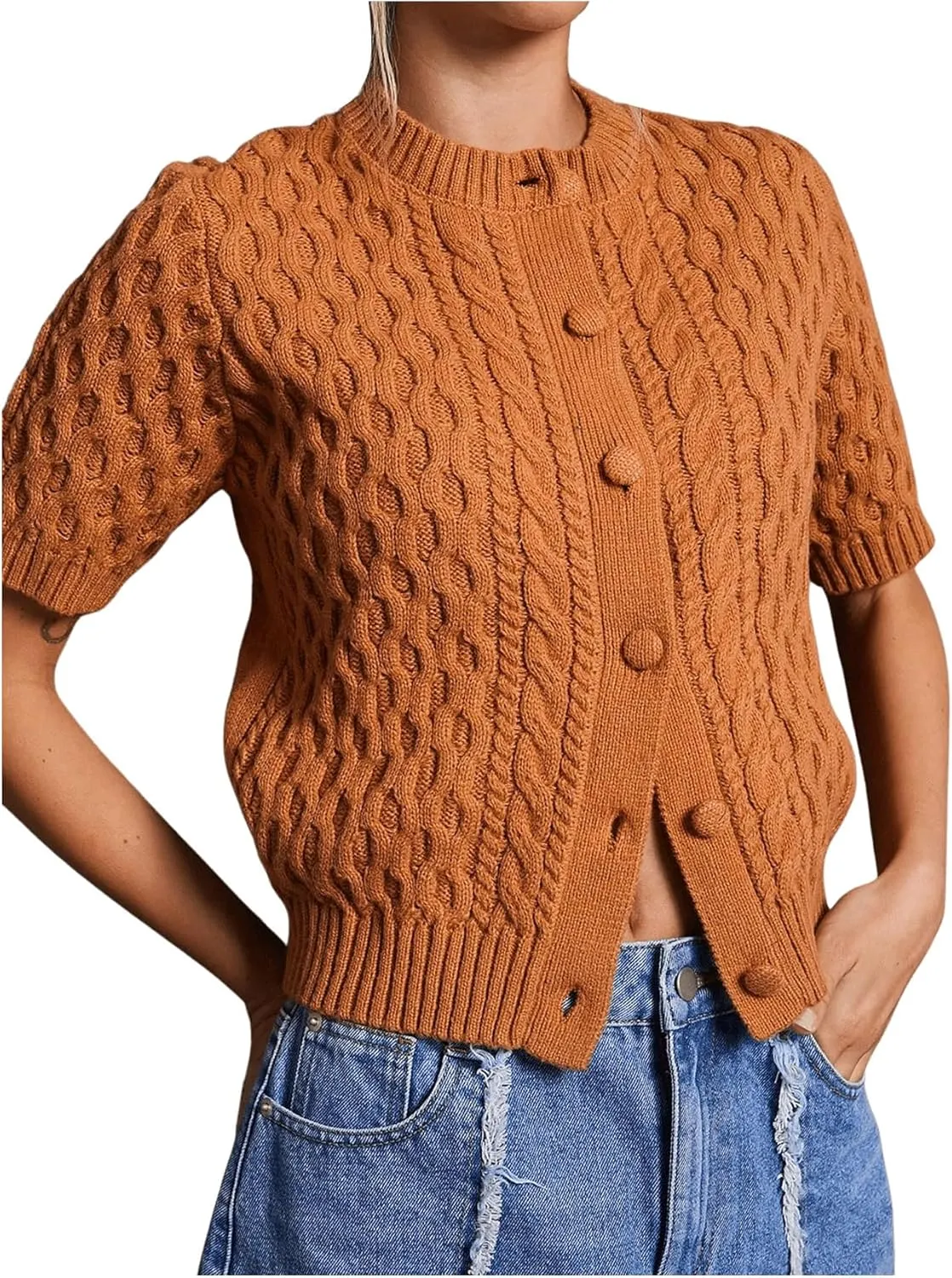 SHENHE Women's Button Up Cable Knit Sweater Short Sleeve Crewneck Cropped Cardigan Sweater