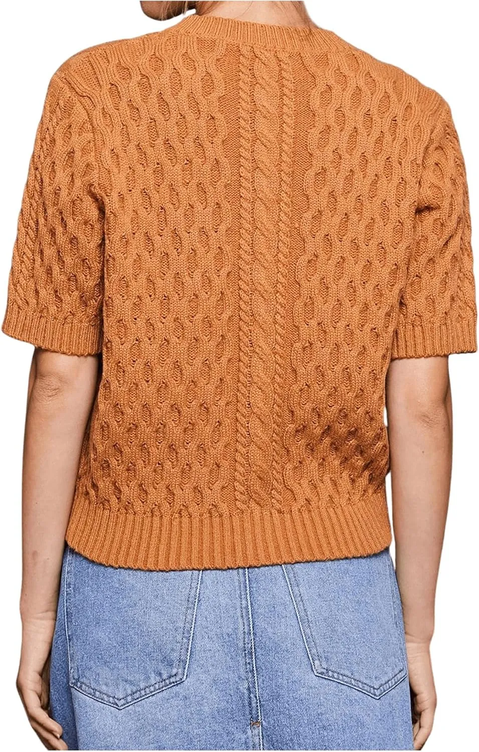 SHENHE Women's Button Up Cable Knit Sweater Short Sleeve Crewneck Cropped Cardigan Sweater