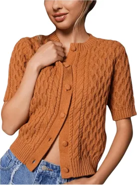 SHENHE Women's Button Up Cable Knit Sweater Short Sleeve Crewneck Cropped Cardigan Sweater