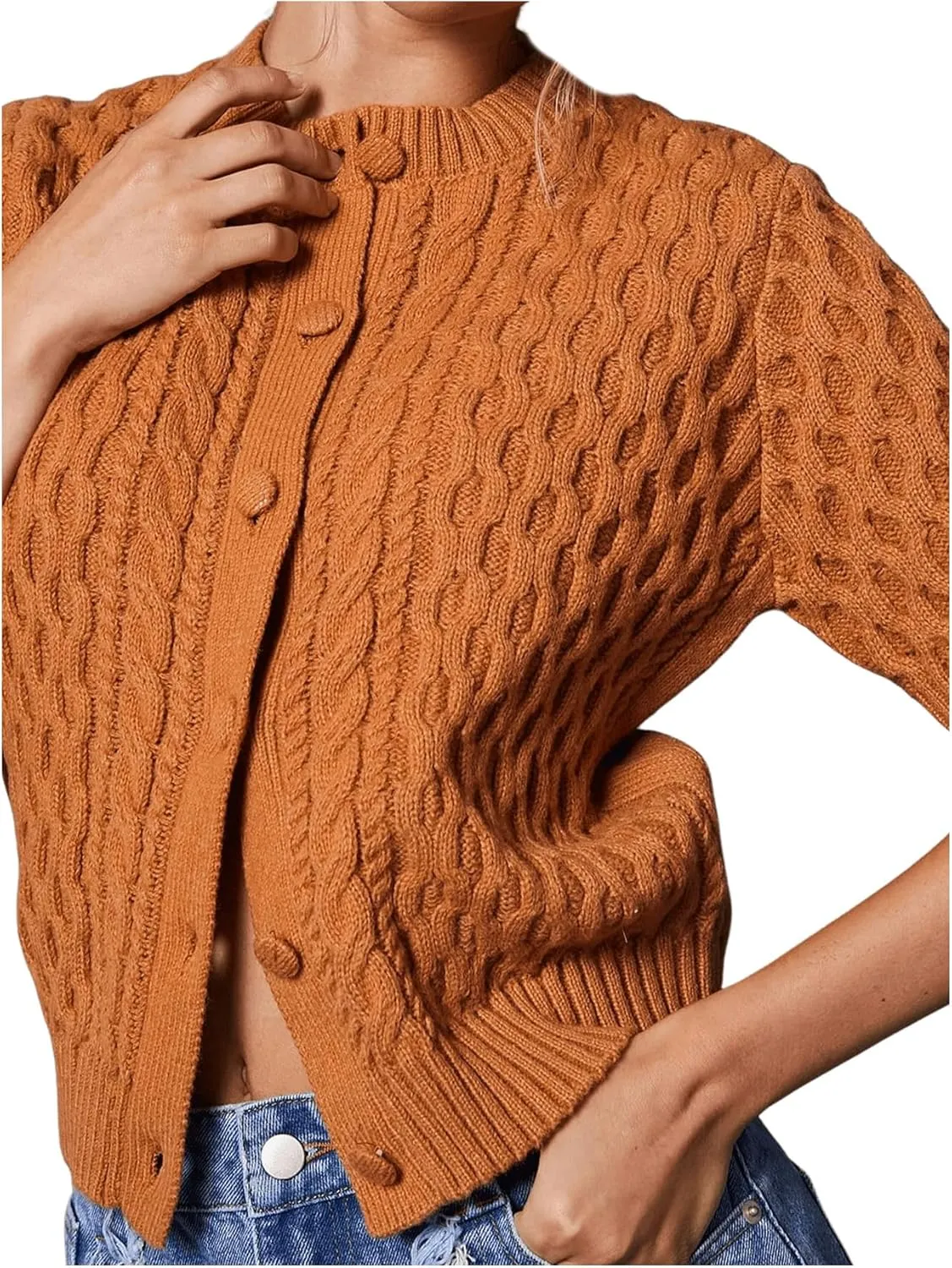 SHENHE Women's Button Up Cable Knit Sweater Short Sleeve Crewneck Cropped Cardigan Sweater