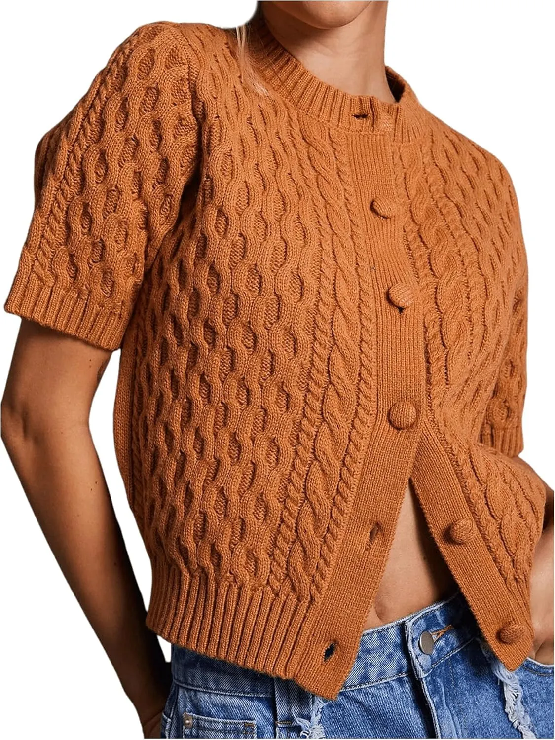 SHENHE Women's Button Up Cable Knit Sweater Short Sleeve Crewneck Cropped Cardigan Sweater