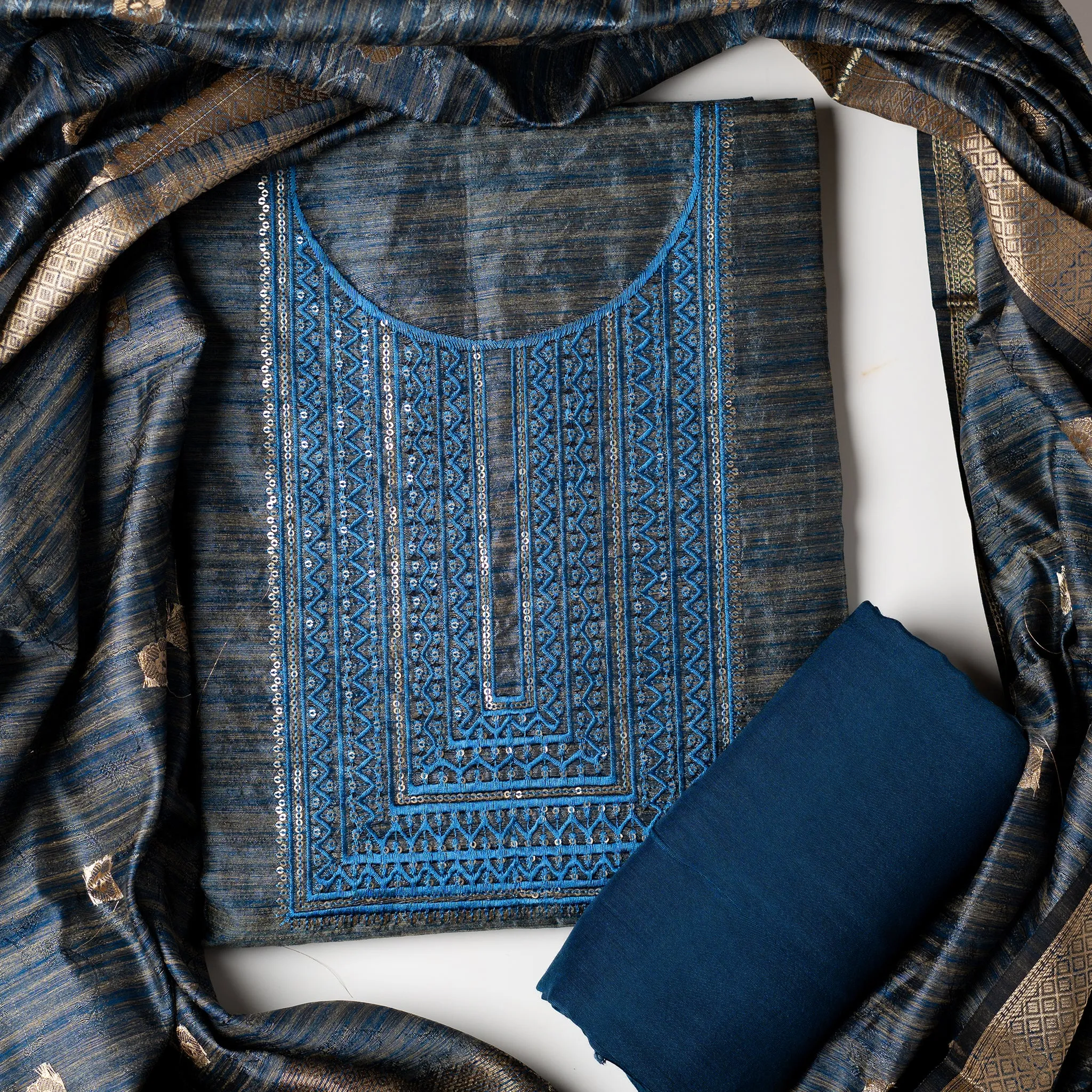 Silk Blue Dress Material