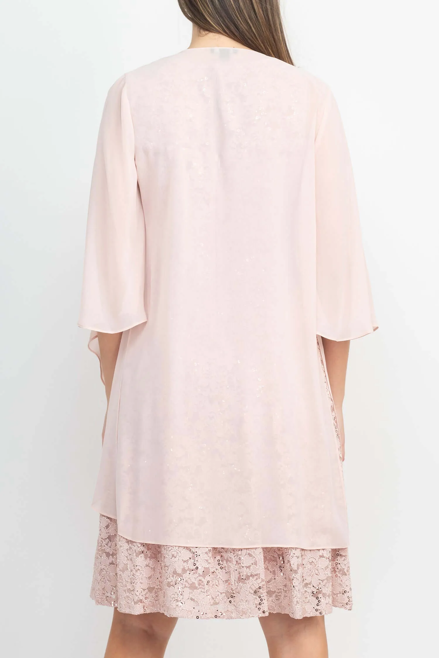 SL Fashion Boat Neck Sleeveless Embellished Fit & Flare Keyhole Back Zipper Back Lace Dress with Open Front Elbow Length Sleeve Cascade  Front Chiffon Jacket