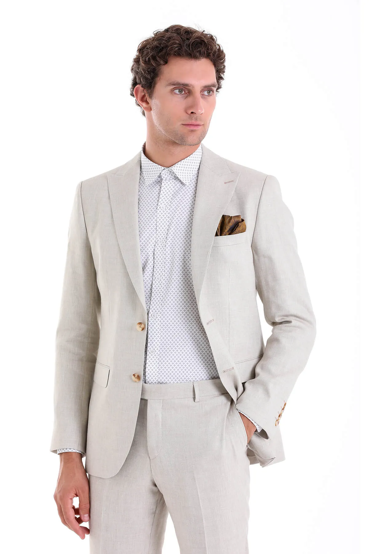 Slim Fit Beige Peak Lapel Linen Casual Suit