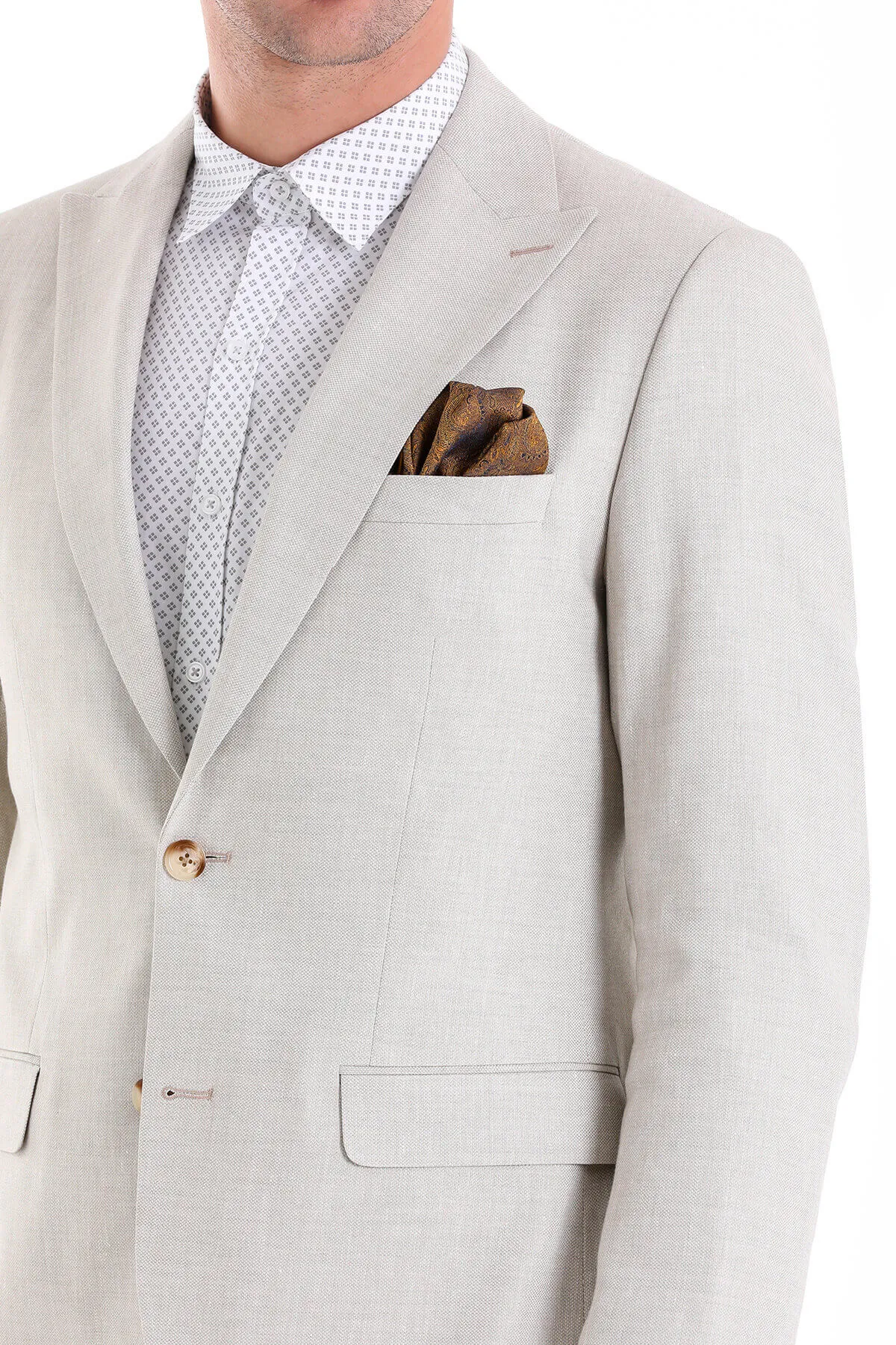 Slim Fit Beige Peak Lapel Linen Casual Suit