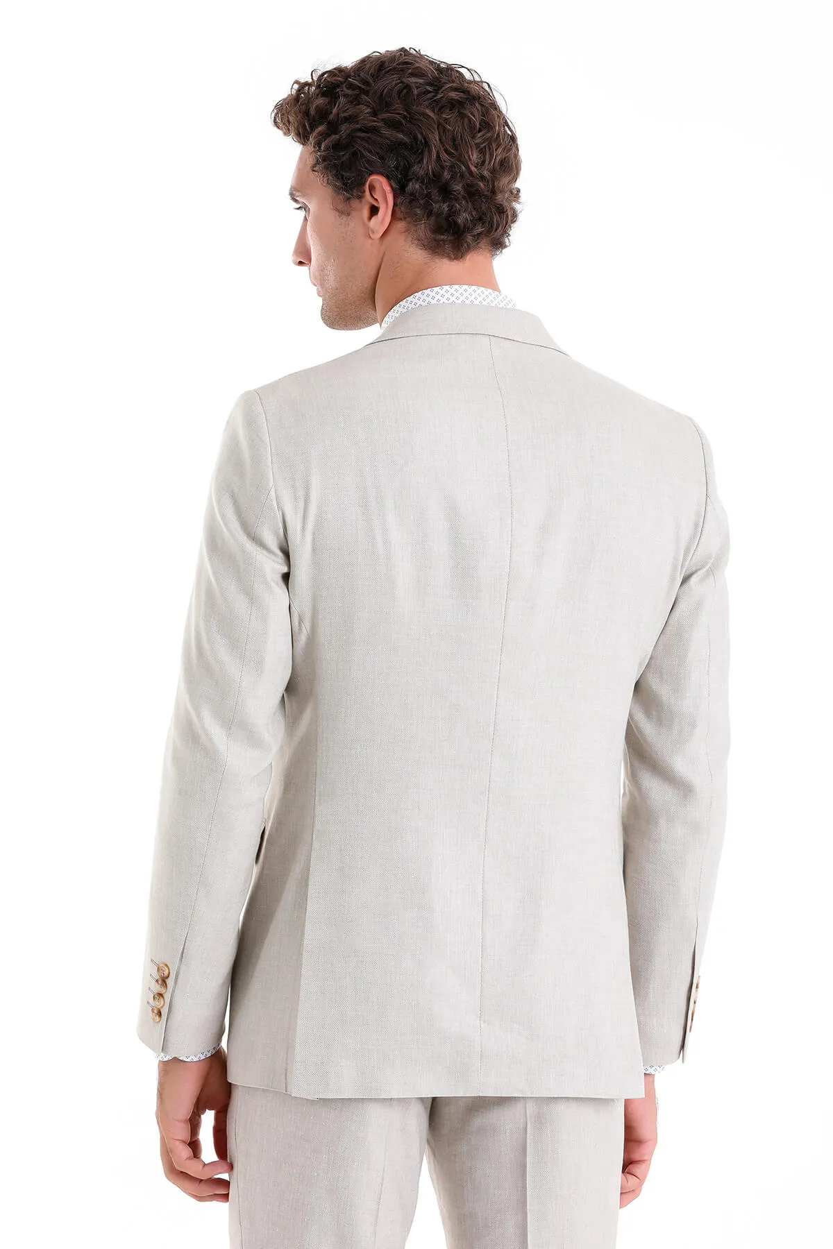 Slim Fit Beige Peak Lapel Linen Casual Suit