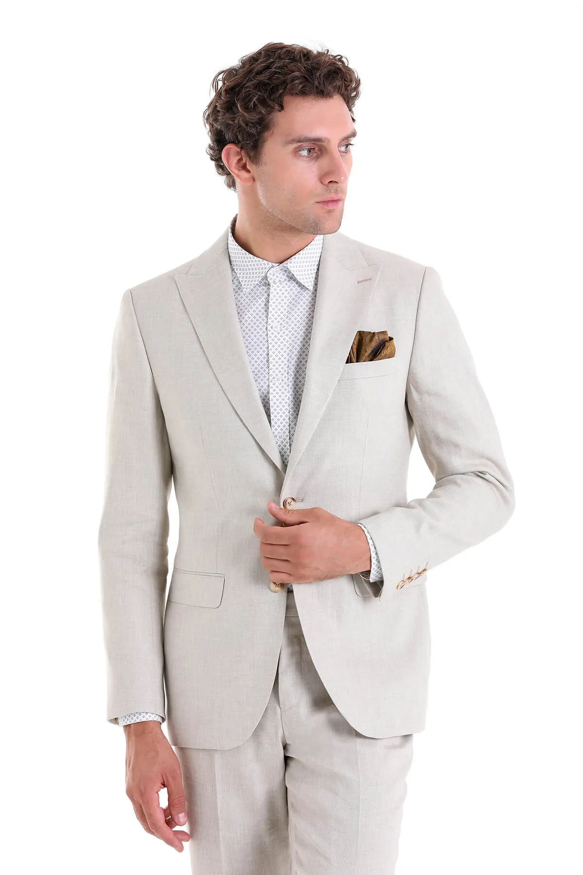 Slim Fit Beige Peak Lapel Linen Casual Suit