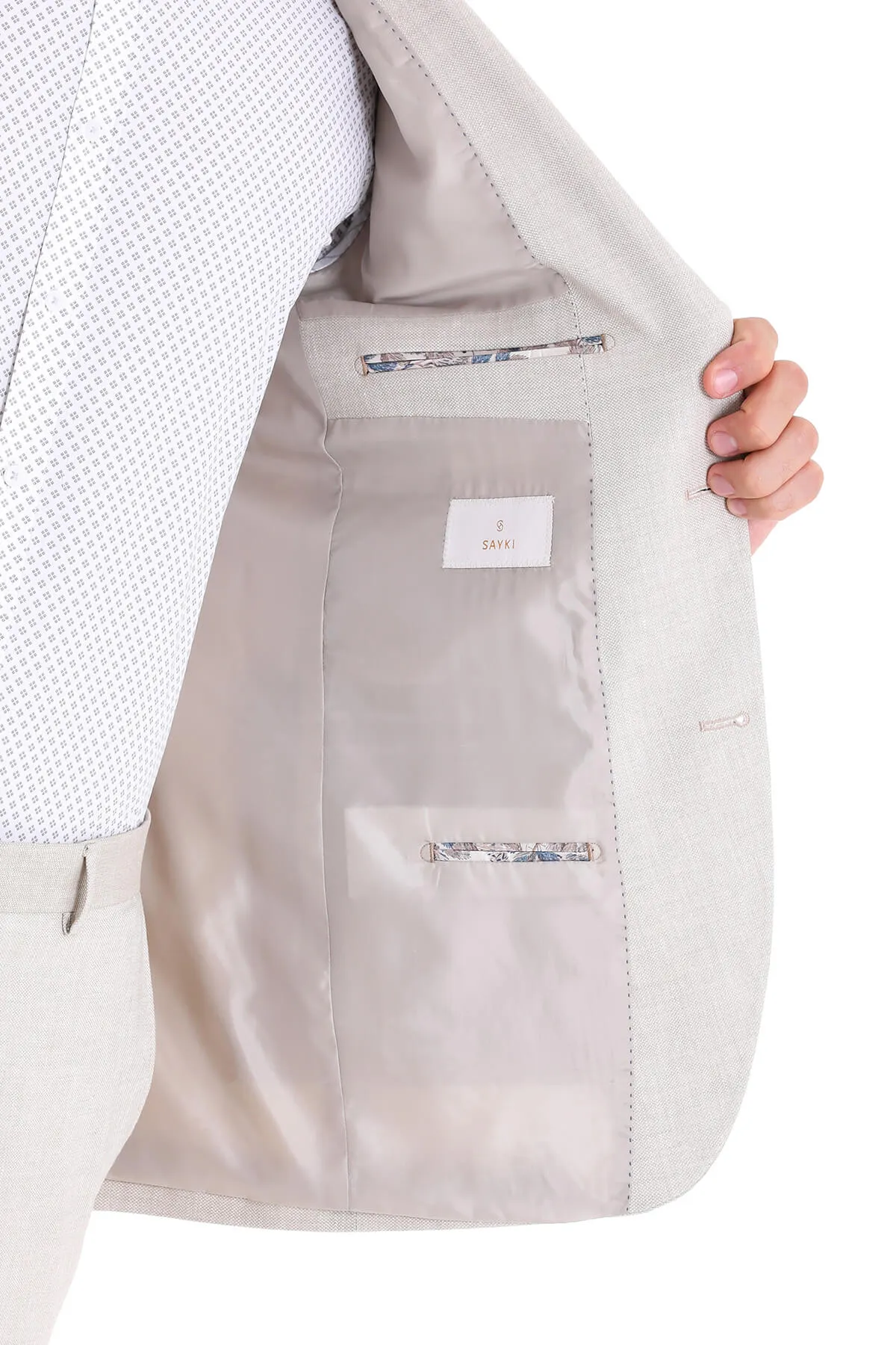 Slim Fit Beige Peak Lapel Linen Casual Suit