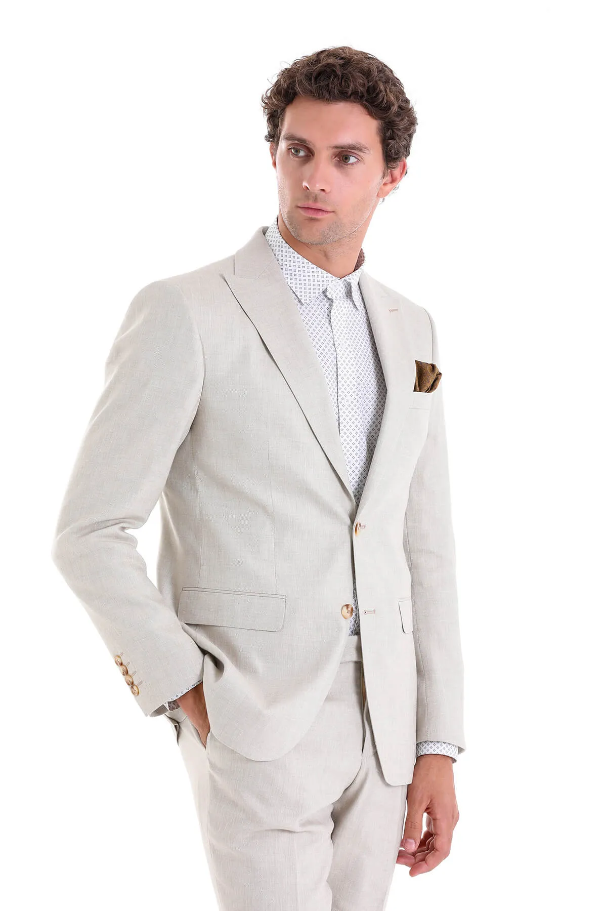 Slim Fit Beige Peak Lapel Linen Casual Suit