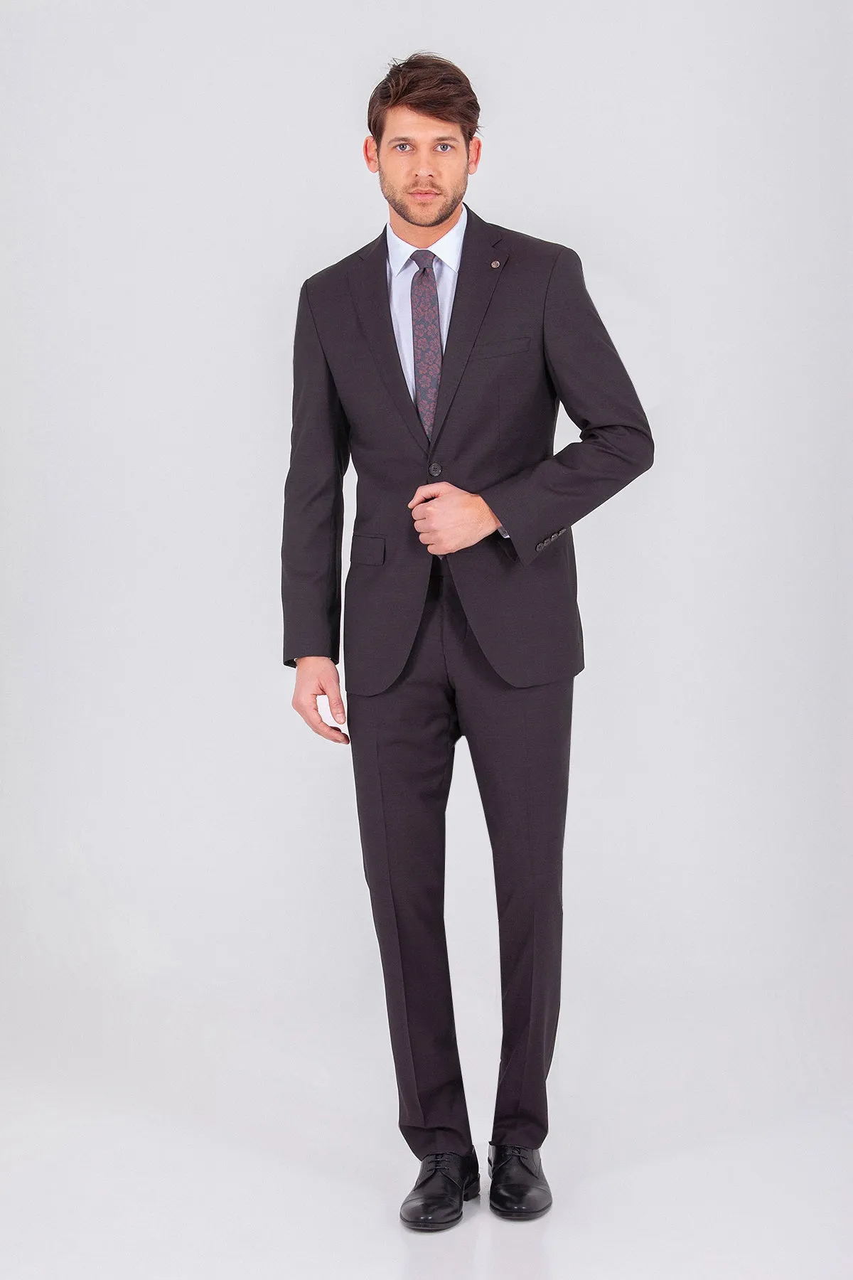 Slim Fit Notch Lapel Brown Wool Classic Suit