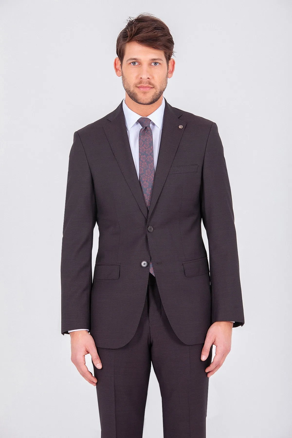 Slim Fit Notch Lapel Brown Wool Classic Suit