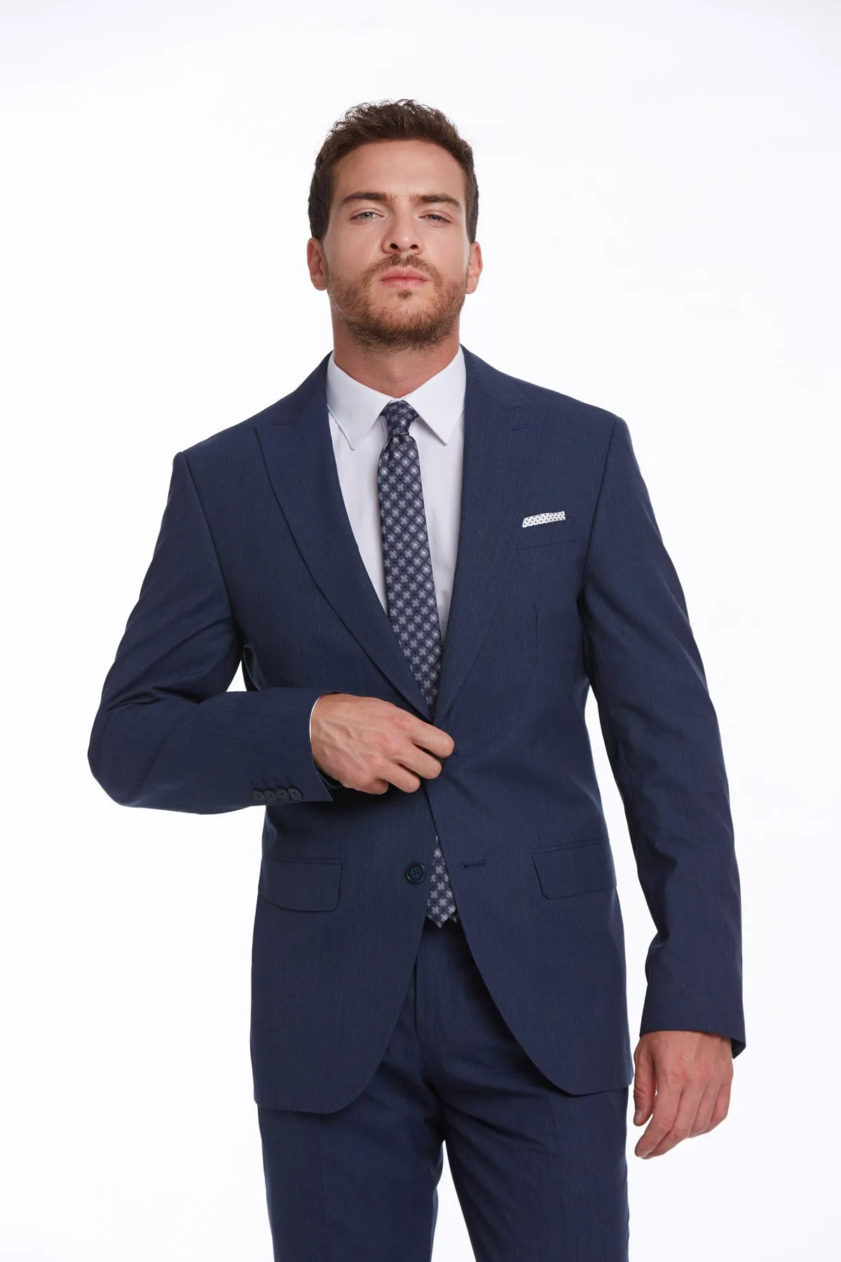 Slim Fit Notch Lapel Navy Striped Classic Suit