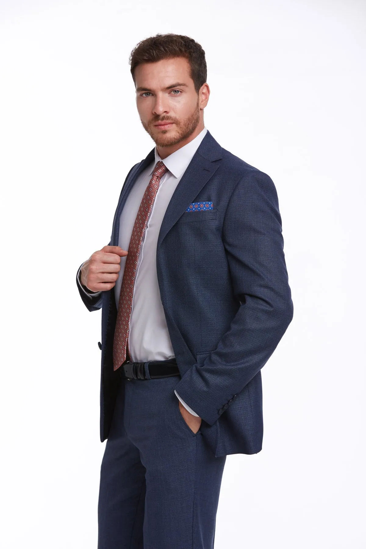 Slim Fit Notch Lapel Textured Navy Classic Suit